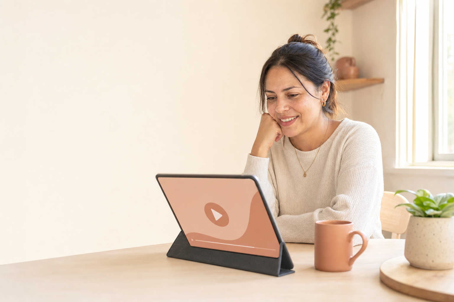 Hero Talleres desktop — tono claro, mamá viendo clase en iPad